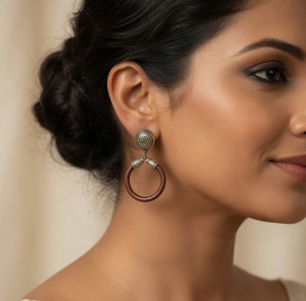 Boho Dangle Earrings 3" Brown Hoop Silver Spiral Stud Ethnic Statement Jewelry